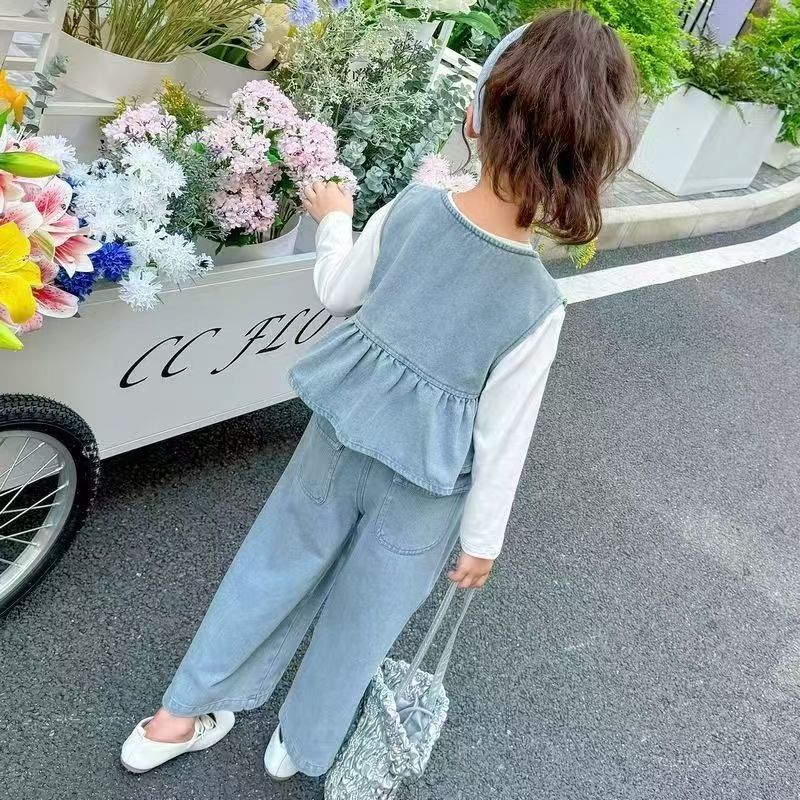 P girl suit denim new children's baby foreign fashionable vest spring