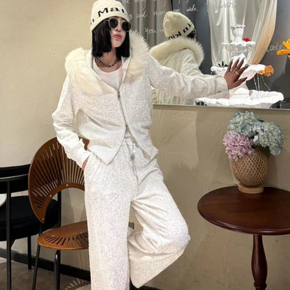 P Heavy Industry two-piece set winter velvet thickened fox fur collar removable sequined cardigan jacket wide-leg pants