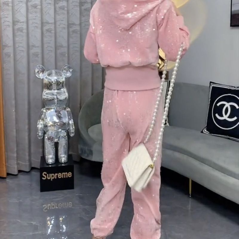 A ny sequined zipper hooded sweater women's foot mouth elastic two-piece set