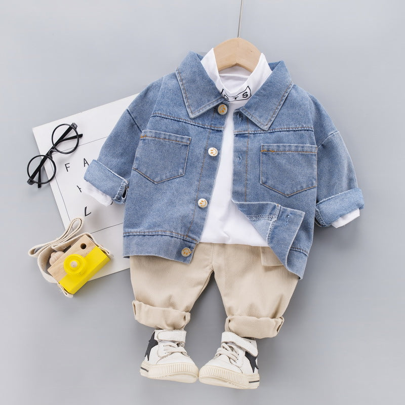 A children's clothing autumn new boys and girls denim jacket three-piece cotton T blood trousers set