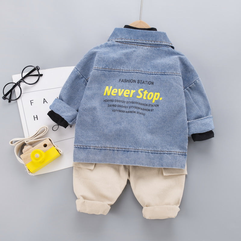A children's clothing autumn new boys and girls denim jacket three-piece cotton T blood trousers set