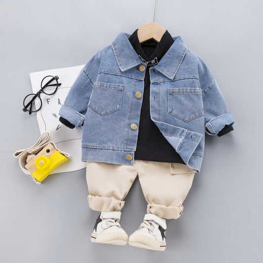 A children's clothing autumn new boys and girls denim jacket three-piece cotton T blood trousers set