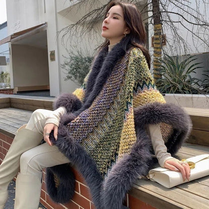 Autumn Winter Silver Fox Fur Oversized Collar Ethnic Style Shawl Scarf Cape Faux Fur Coat Women's Cape