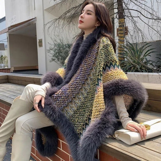 Autumn Winter Silver Fox Fur Oversized Collar Ethnic Style Shawl Scarf Cape Faux Fur Coat Women's Cape
