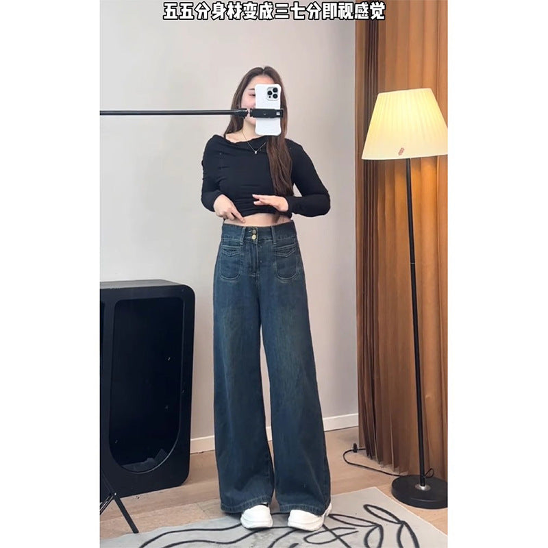 Spring and Autumn American Retro High-Waisted Loose Wide-Leg Pants