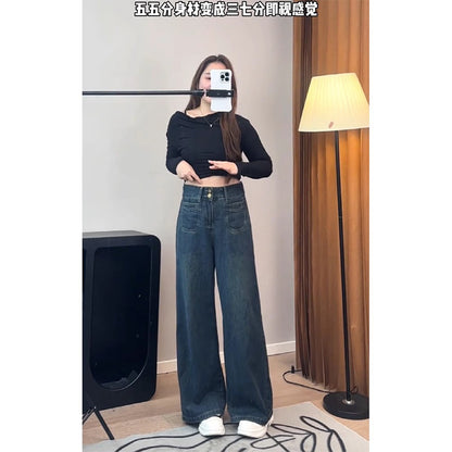 Spring and Autumn American Retro High-Waisted Loose Wide-Leg Pants