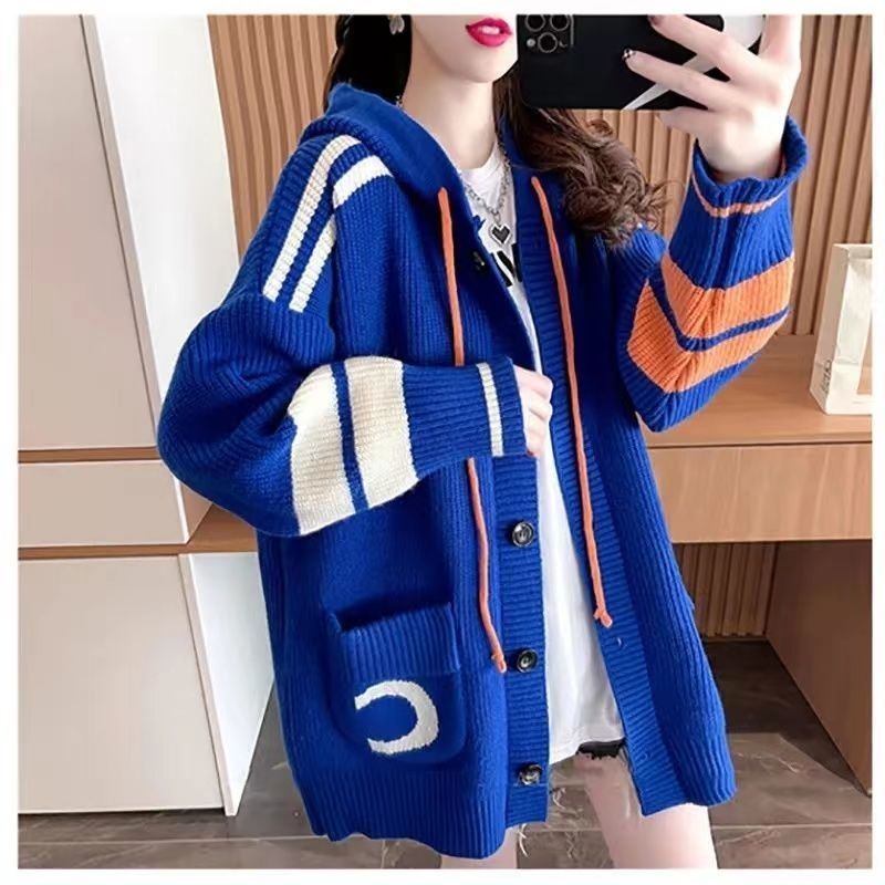 P Lazy Wind Hooded Sweater Cardigan Women's Medium and Long Korean Version