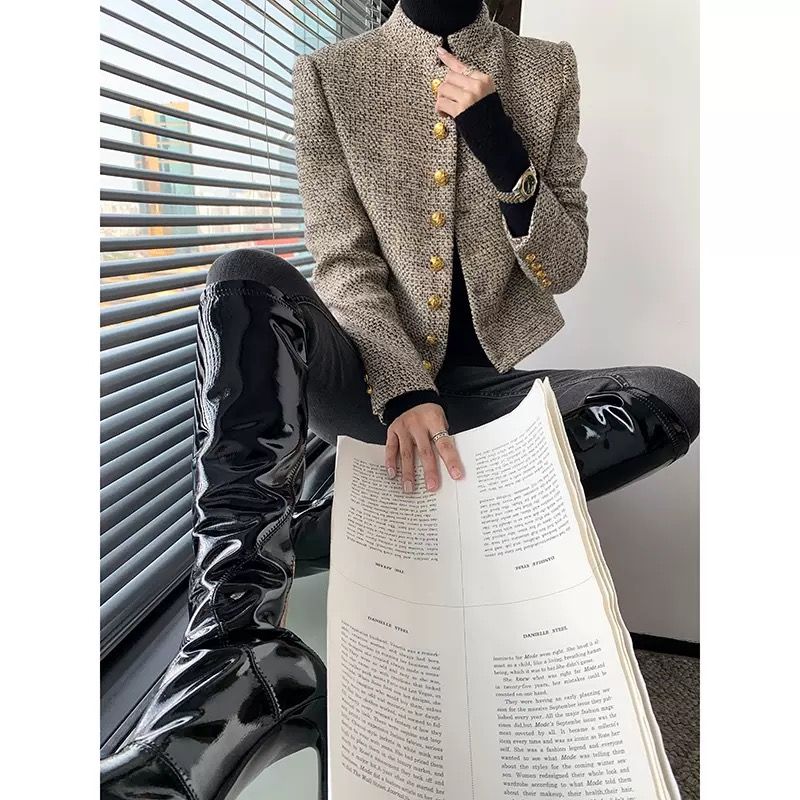 P new French retro Hong Kong style women's short coat spring and autumn small fragrant tweed jacket long-sleeved top