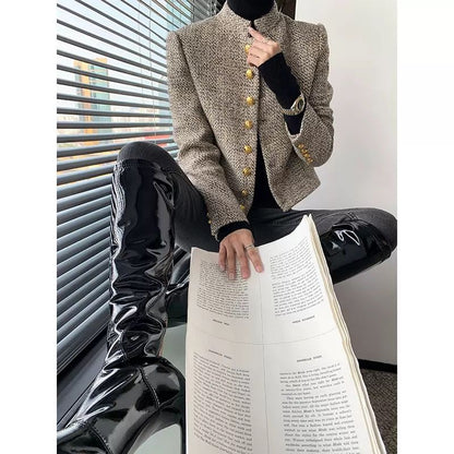 P new French retro Hong Kong style women's short coat spring and autumn small fragrant tweed jacket long-sleeved top