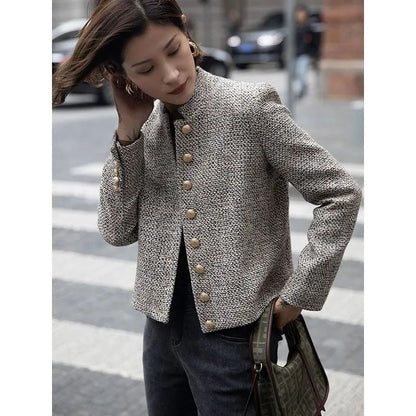 A Spring and Autumn new retro small fragrant tweed rice camel temperament fashionable and thin high-end short coat