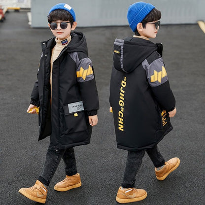 A Boys' piled and thickened cotton clothes jacket medium and large children's foreign style medium and long children's cotton clothes