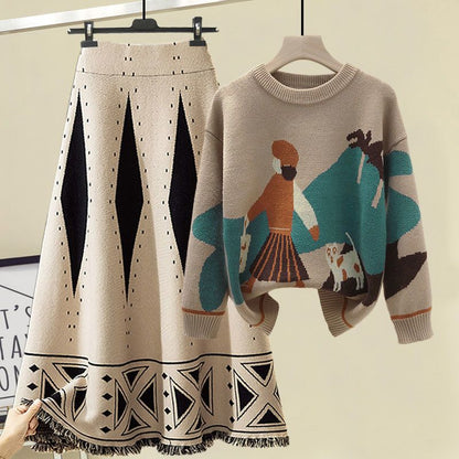 P Knitted Sweater Skirt Set