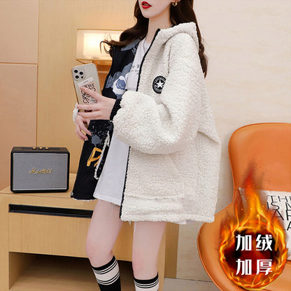 Fleece-Lined Thickened Two-Way Lamb Wool Cardigan Coat for Women