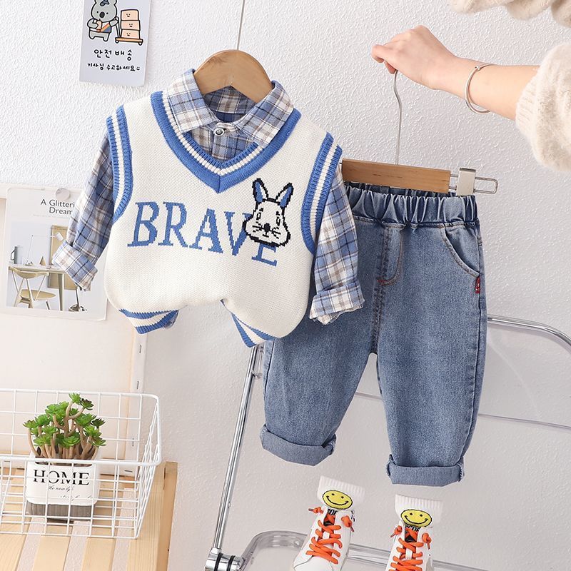 P Boys Spring Knitted Baby Shirt Boys Autumn and Winter Shirt Boys Baby Long Sleeve Three-piece Set Children