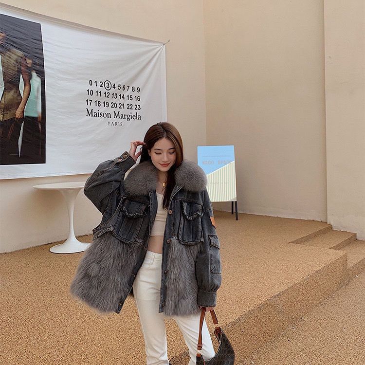 P denim fox fur down jacket
