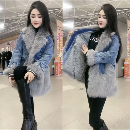 P denim spliced sweater collar coat