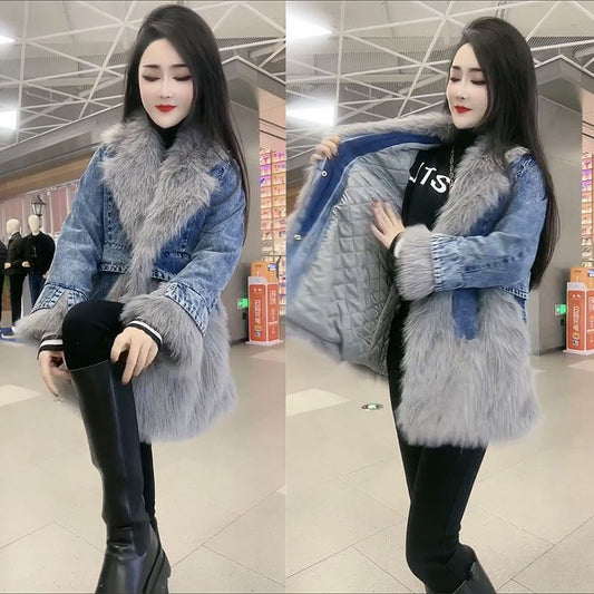 P denim spliced sweater collar coat