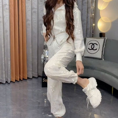 A Heavy Industry Velvet Sequin Double Pull Lock Foreign Style Age Reduction Skinny Top Plus Pants Suit Women