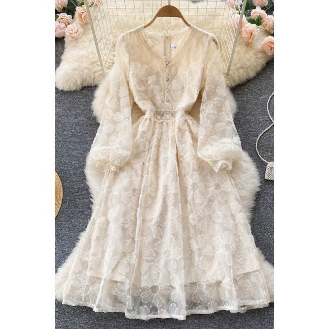 P Gentle Wind Feminine Flavor Waist Skinny Long Sleeve First Love Skirt A-word Skirt Elegant Temperament V-Neck Lace Even...