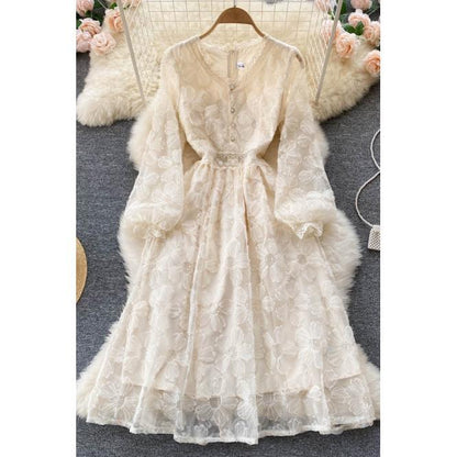 P Gentle Wind Feminine Flavor Waist Skinny Long Sleeve First Love Skirt A-word Skirt Elegant Temperament V-Neck Lace Even...