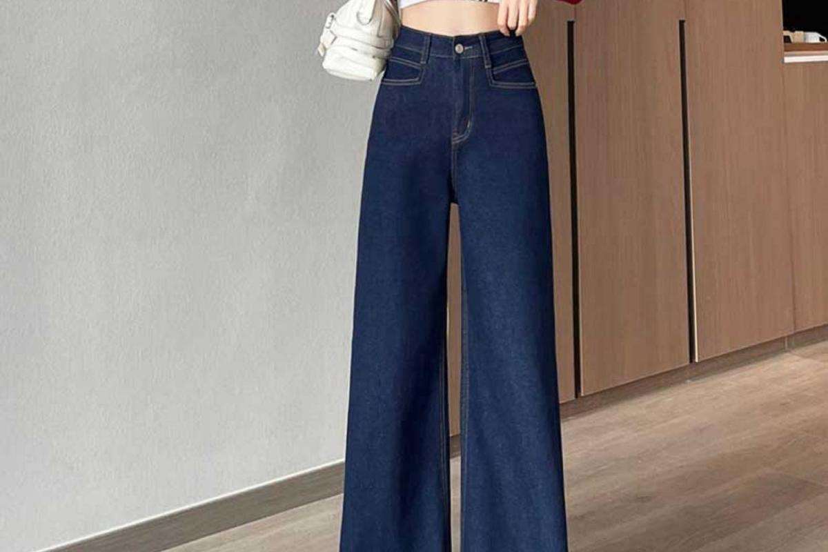 Denim Blue Straight-Leg Jeans for Women Spring Summer High Waist Stretchy Draped Wide-Leg Pants