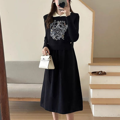 P Knitted Embroidered Vest Long Sleeve Two-piece Set