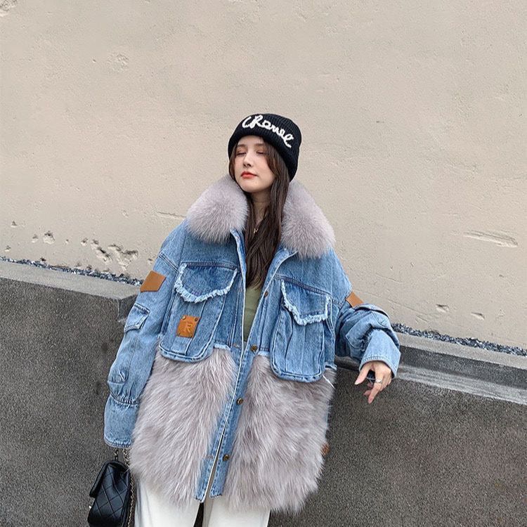 P denim fox fur down jacket