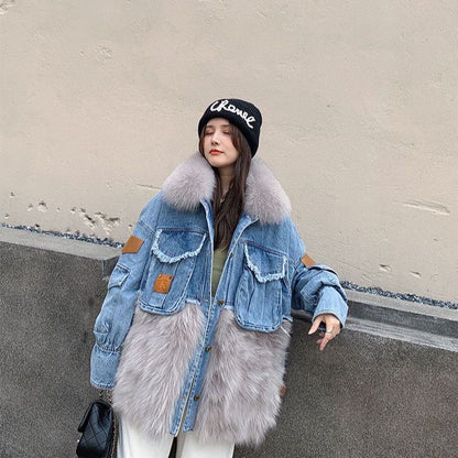 P denim fox fur down jacket