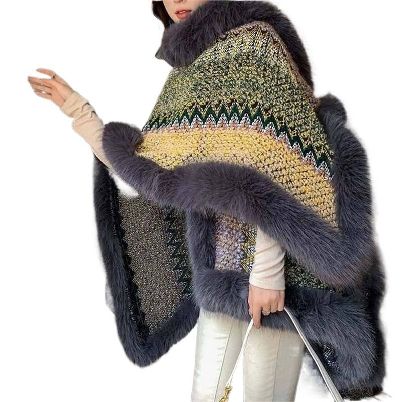 Autumn Winter Silver Fox Fur Oversized Collar Ethnic Style Shawl Scarf Cape Faux Fur Coat Women's Cape
