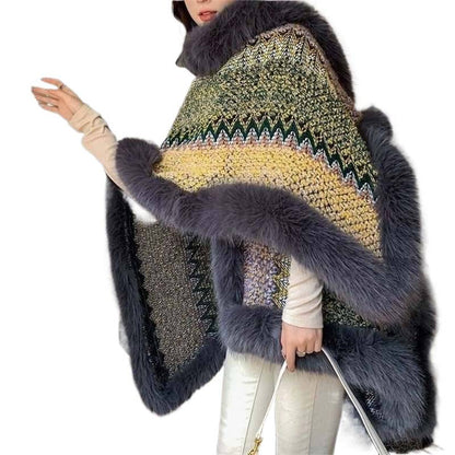 Autumn Winter Silver Fox Fur Oversized Collar Ethnic Style Shawl Scarf Cape Faux Fur Coat Women's Cape