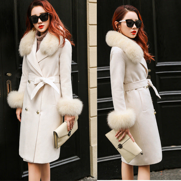 A woolen coat women's winter clothing new slim-fitting large fur collar lengthened thickened wool woolen coat