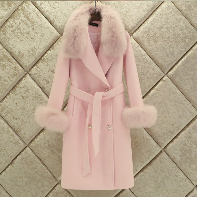 A woolen coat women's winter clothing new slim-fitting large fur collar lengthened thickened wool woolen coat