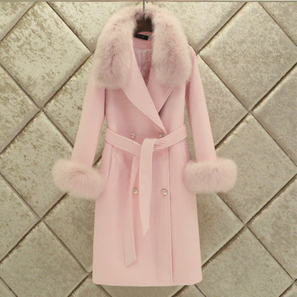 A woolen coat women's winter clothing new slim-fitting large fur collar lengthened thickened wool woolen coat