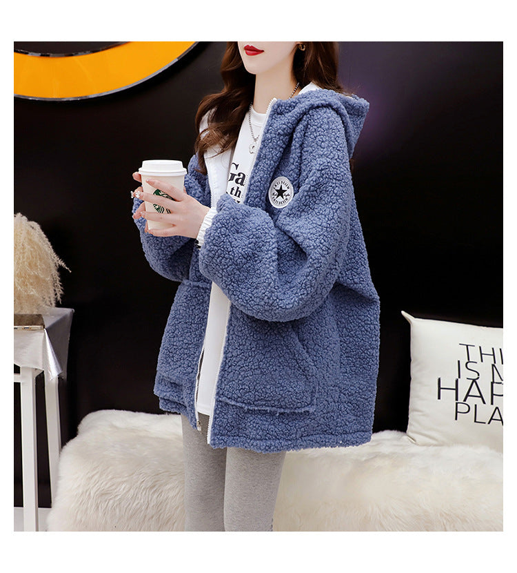 Fleece-Lined Thickened Two-Way Lamb Wool Cardigan Coat for Women