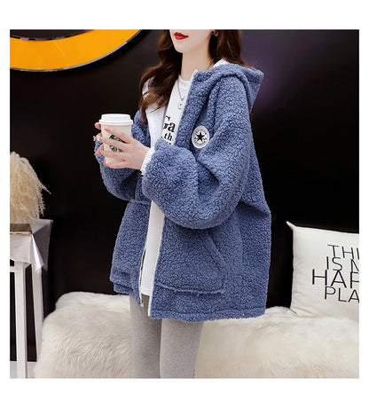Fleece-Lined Thickened Two-Way Lamb Wool Cardigan Coat for Women