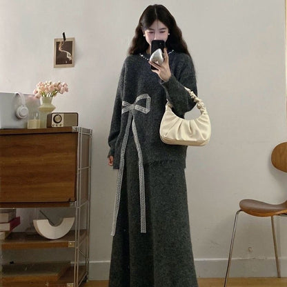 P bow sweater skirt two-piece set