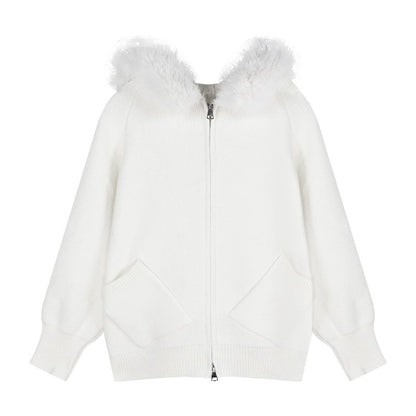 A khaki wool hooded sweater jacket for women's autumn