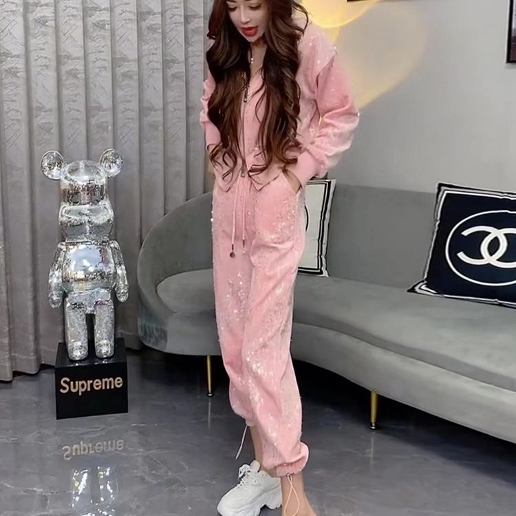 A Heavy Industry Velvet Sequin Double Pull Lock Foreign Style Age Reduction Skinny Top Plus Pants Suit Women