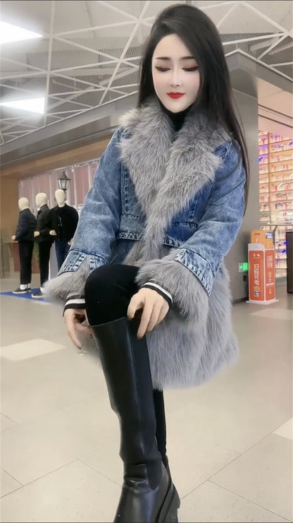 P denim spliced sweater collar coat