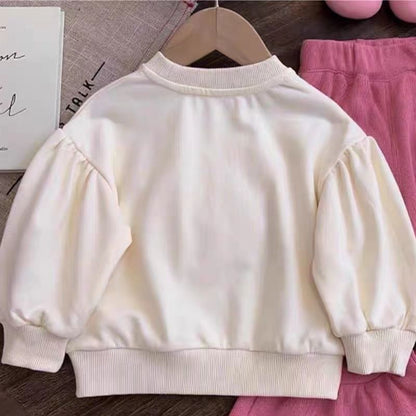 A Korean version of children's clothing, foreign style sweater set, autumn new girls' love jumper, top, horn pants two-piece set