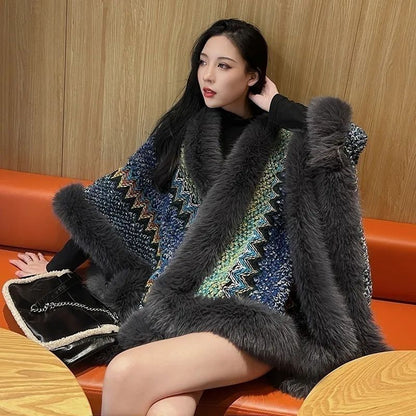 Autumn Winter Silver Fox Fur Oversized Collar Ethnic Style Shawl Scarf Cape Faux Fur Coat Women's Cape