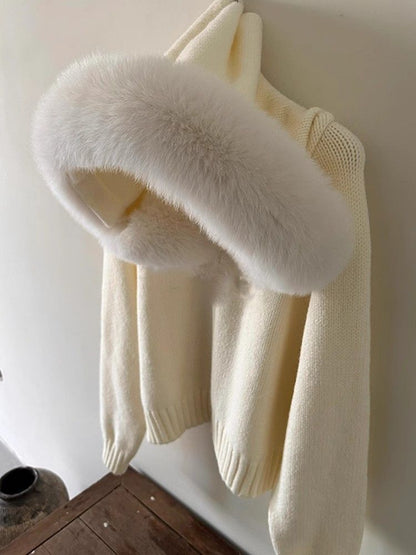 A fur collar knitted hooded sweater cardigan