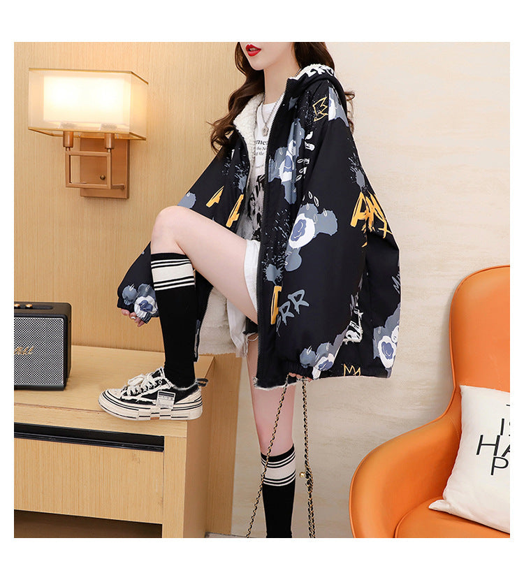 Fleece-Lined Thickened Two-Way Lamb Wool Cardigan Coat for Women