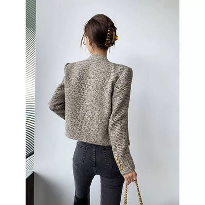 P new French retro Hong Kong style women's short coat spring and autumn small fragrant tweed jacket long-sleeved top