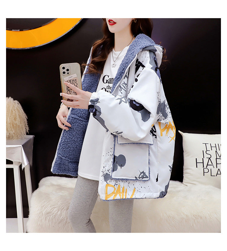 Fleece-Lined Thickened Two-Way Lamb Wool Cardigan Coat for Women