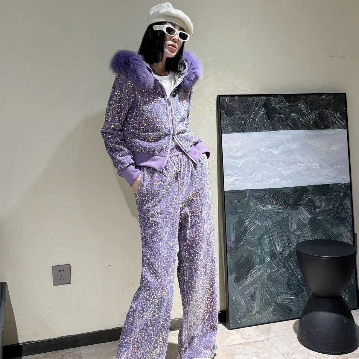 P Heavy Industry two-piece set winter velvet thickened fox fur collar removable sequined cardigan jacket wide-leg pants