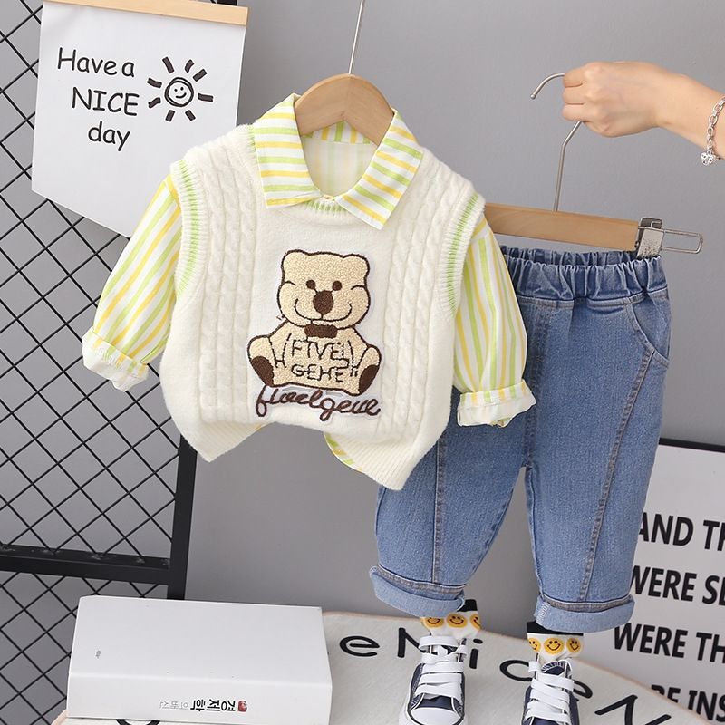 P Boys Spring Knitted Baby Shirt Boys Autumn and Winter Shirt Boys Baby Long Sleeve Three-piece Set Children