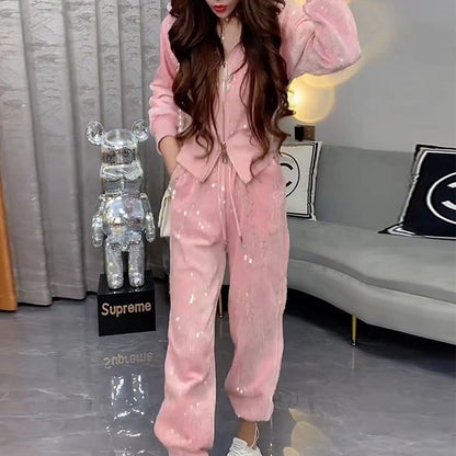 A Heavy Industry Velvet Sequin Double Pull Lock Foreign Style Age Reduction Skinny Top Plus Pants Suit Women