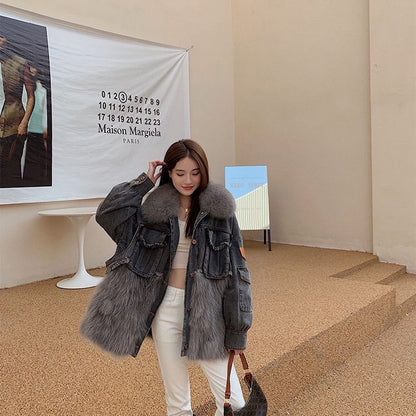 P denim fox fur down jacket