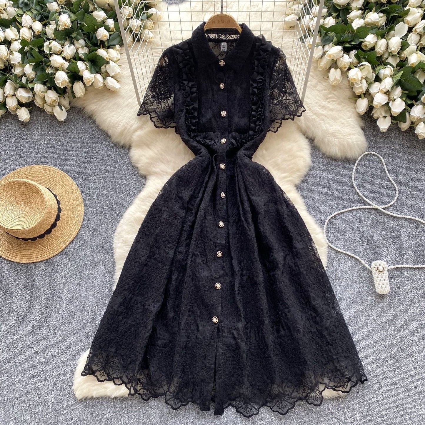 P French retro elegant heavy industry lace embroidery lapel single-breasted waist slim temperament dress...